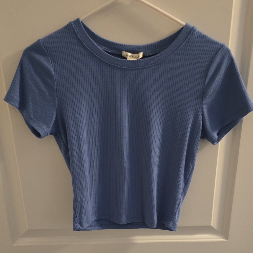 Bozzolo Ribbed Short Sleeve Crop Top in Blue